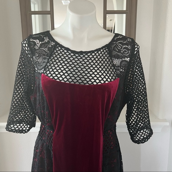 Kiyonna Dress Plus Size Velvet Lace Mesh Combo Burgundy Black Size 1 (14/16) NEW - Picture 3 of 11